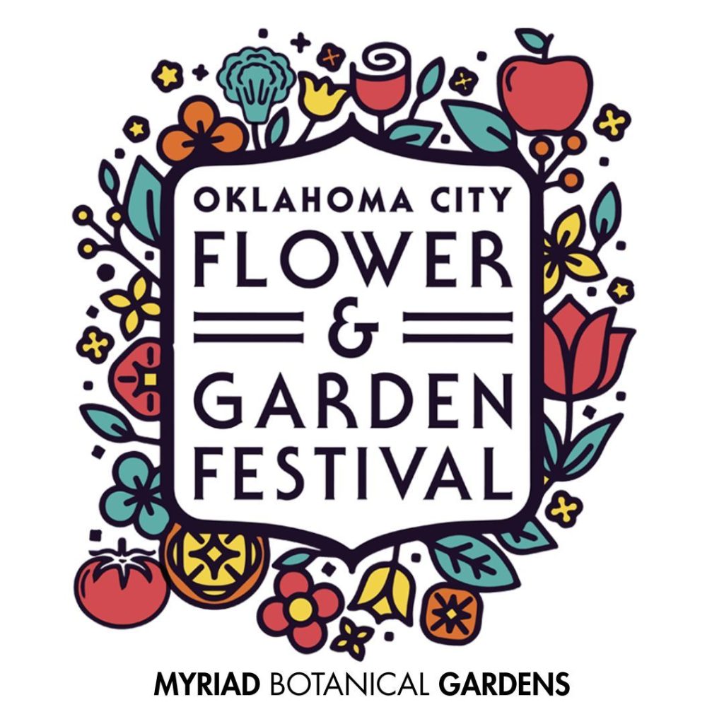 Oklahoma City Flower and Garden Festival at Myriad Gardens graphic logo showing a shield shape with the event name surrounded by illustrations of flowers and fruits in red, green, yellow and orange.