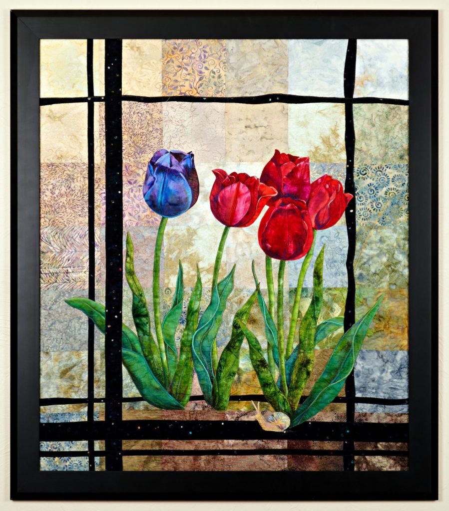 Painting of purple and red tulips with a small snail in the foreground.
