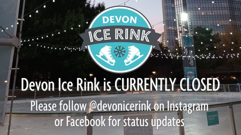 Image of empty ice rink with text saying: Devon Ice Rink is currently Closed. Please follow @devonicerink on Instagram or Facebook for status updates.