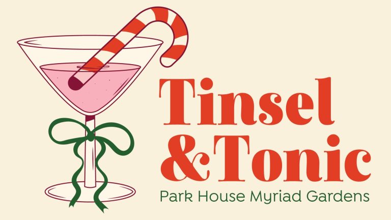 Graphic logo for Tinsel and Tonic holiday pop up bar at the Park House at Myriad Gardens featuring an image of a cocktail with a candy cane and green bow.