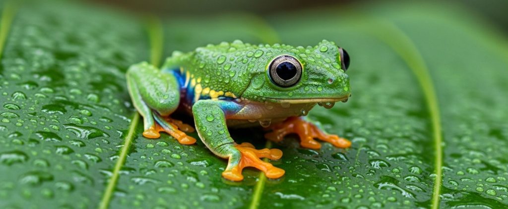 Bright green frog from the rainforest on a dewy leaf.