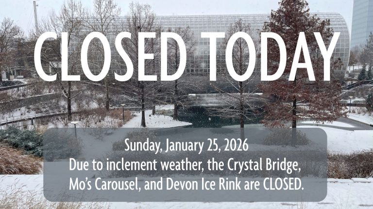 Photo of the Crystal Bridge during a snow storm with the following text: Closed Today. Sunday, January 25, 2026. Due to inclement weather, the Crystal Bridge, Mo's Carousel, and Devon Ice Rink are closed.